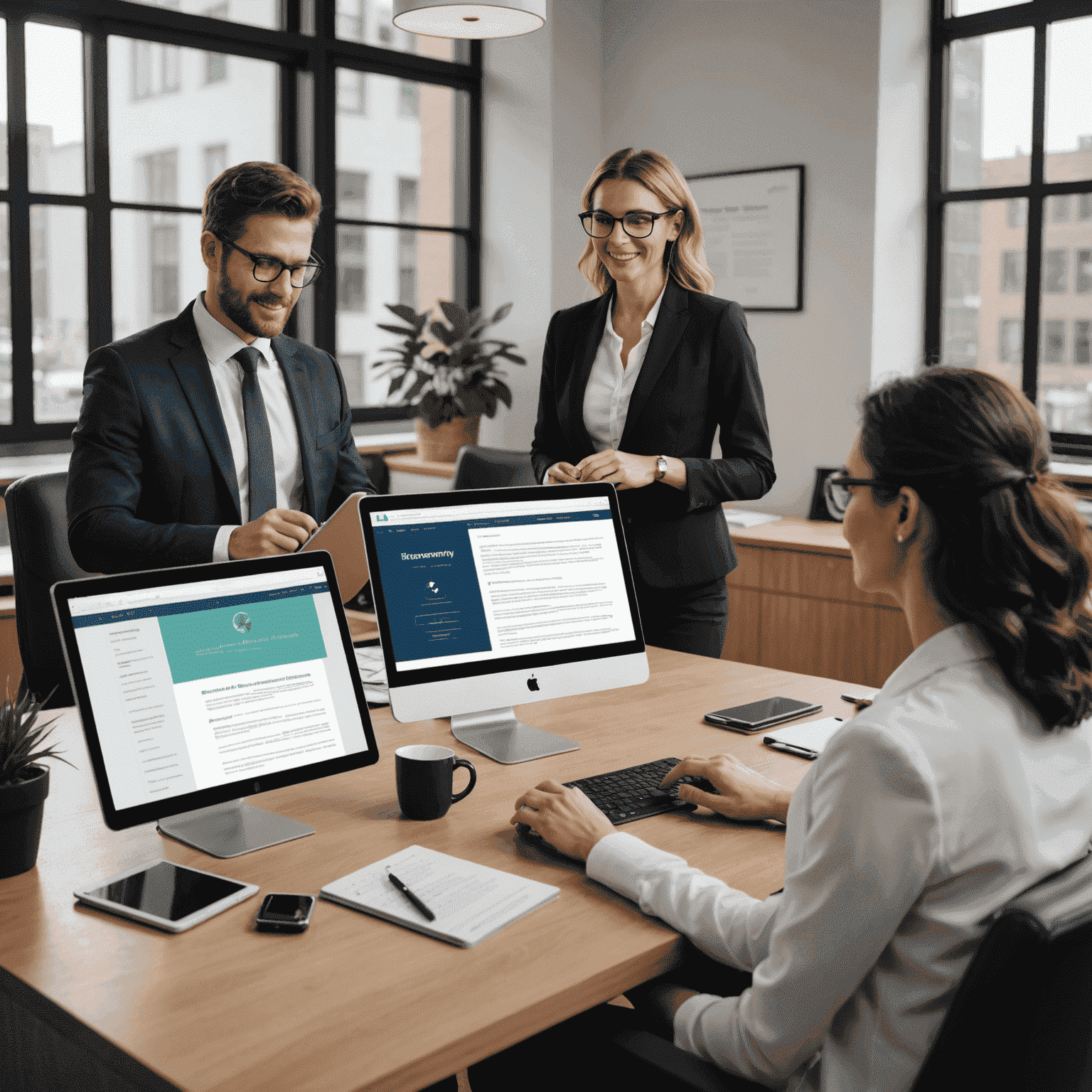 A modern law office with lawyers using BloomingHarmony software on computers and tablets, showcasing improved client management