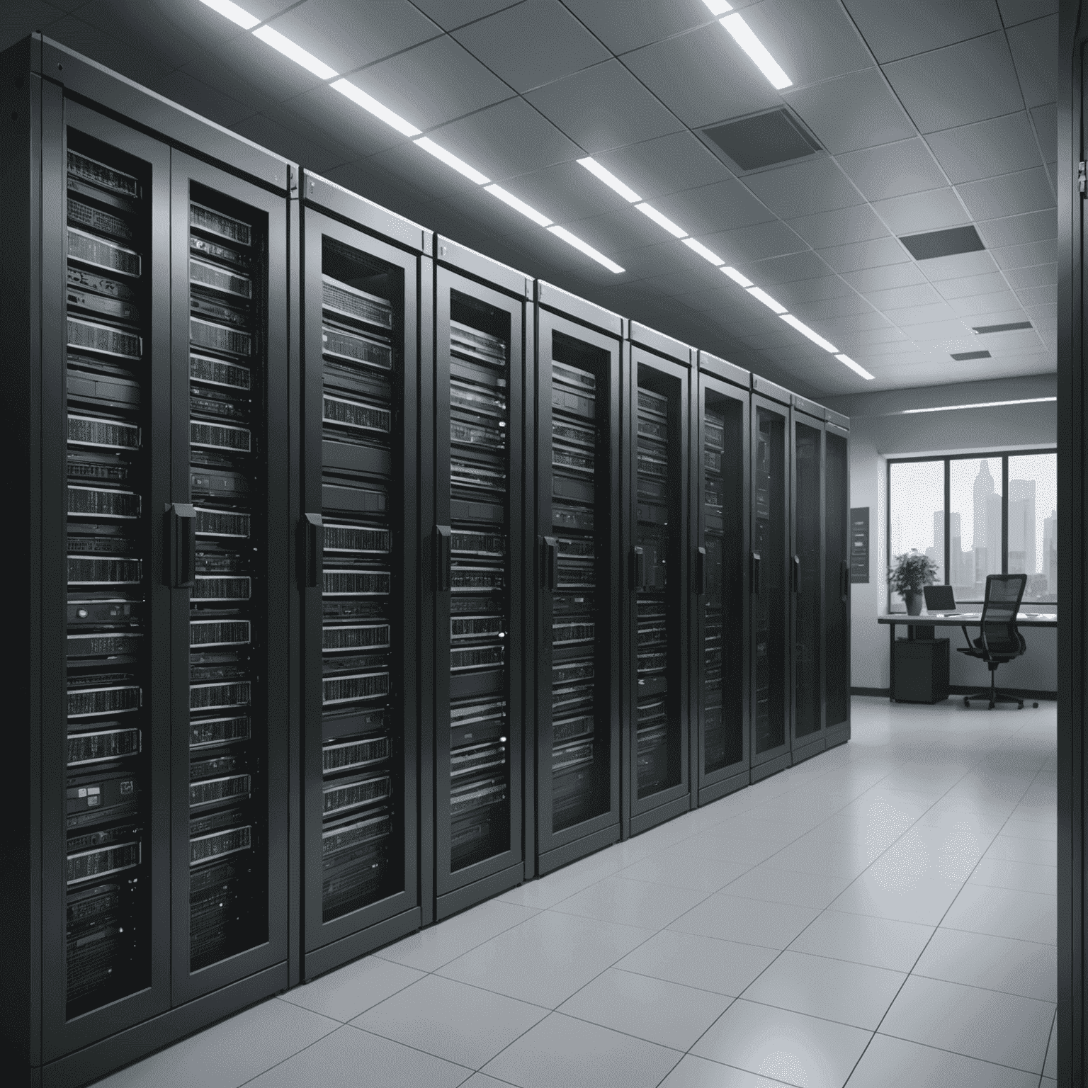 A secure server room with advanced cybersecurity measures, representing the protection of sensitive legal data